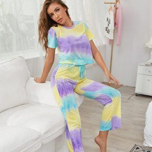 Tie Dye Tie Front Neck PJ Set